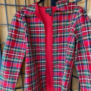 MSK Red Plaid Open Front Jacket Holiday Tartan Size M